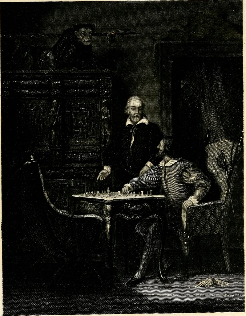 An illustration from The book of chess: containing the rudiments of the game, and elementary analyses of the most popular openings ; exemplified in games actually played by the greatest masters; including Staunton's analysis of the king's and queen's gambits, numerous positions and problems on diagrams, both original and selected; also a series of chess tales, with illustrations engraved from original designs ; the whole extracted and translated from the best sources, 1857, leaf 7