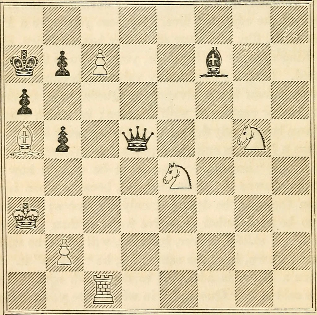 An illustration from The book of chess: containing the rudiments of the game, and elementary analyses of the most popular openings ; exemplified in games actually played by the greatest masters; including Staunton's analysis of the king's and queen's gambits, numerous positions and problems on diagrams, both original and selected; also a series of chess tales, with illustrations engraved from original designs ; the whole extracted and translated from the best sources, 1857, leaf 77