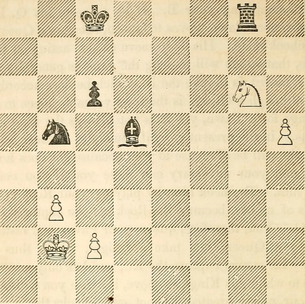 An illustration from The book of chess: containing the rudiments of the game, and elementary analyses of the most popular openings ; exemplified in games actually played by the greatest masters; including Staunton's analysis of the king's and queen's gambits, numerous positions and problems on diagrams, both original and selected; also a series of chess tales, with illustrations engraved from original designs ; the whole extracted and translated from the best sources, 1857, leaf 79