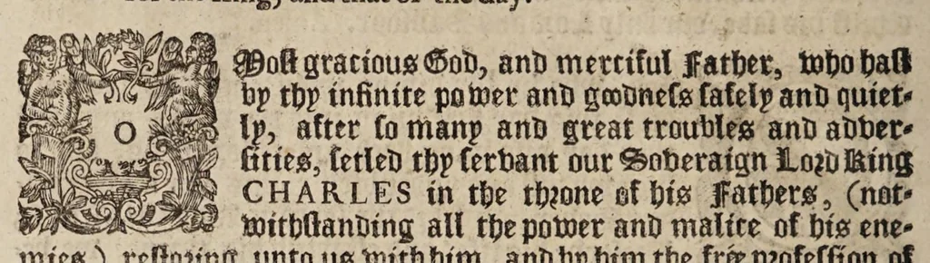 An illustration from The book of common-prayer and administration of the sacraments, and other rites & ceremonies of the Church, according to the use of the Church of England : together with the Psalter or Psalms of David, pointed as they are to be sung or said in churches, and the form & manner of making, ordaining, & consecrating of bishops, priests, and deacons, 1669, leaf 630
