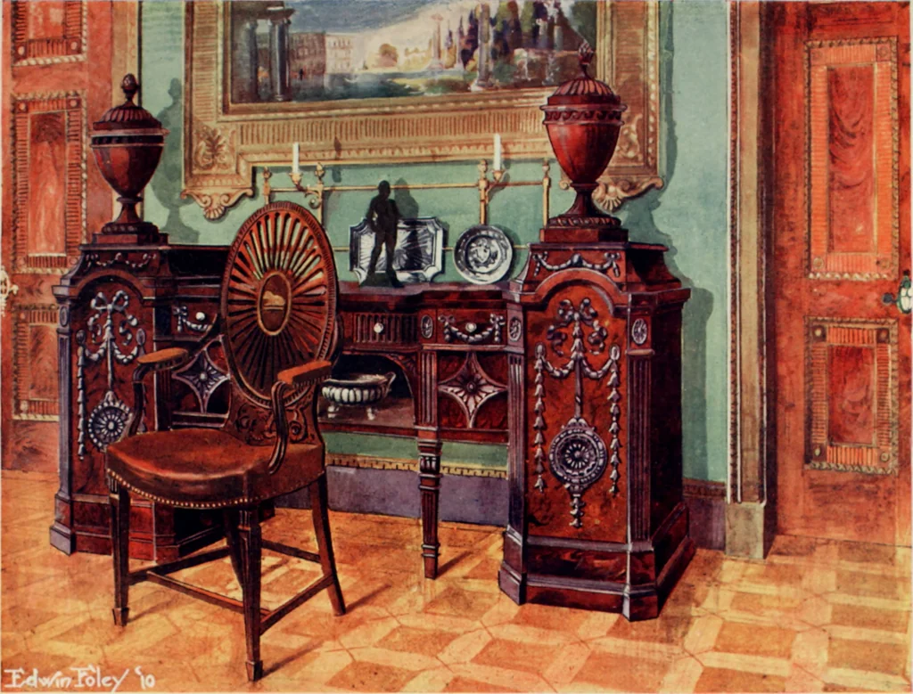 An illustration from The book of decorative furniture, its form, colour and history, 1910, leaf 138