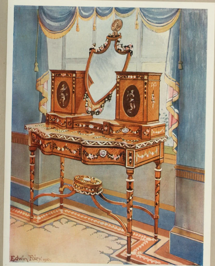 An illustration from The book of decorative furniture, its form, colour and history, 1910, leaf 208