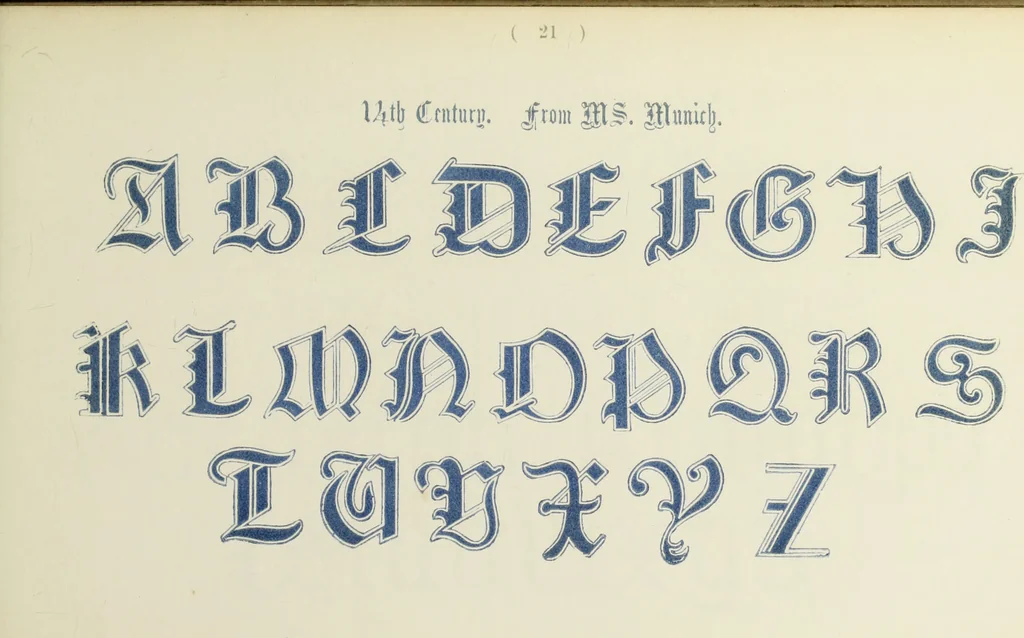 An illustration from The book of ornamental alphabets, ancient and mediaeval, from the eighth century, with numerals; including Gothic; church text, large and small; German arabesque; initials for illumination, monograms, crosses, etc., for the use of architectural and engineering draughtsmen, masons, decorative painters, lithographers, engravers, carvers, etc. etc., 1863, leaf 50