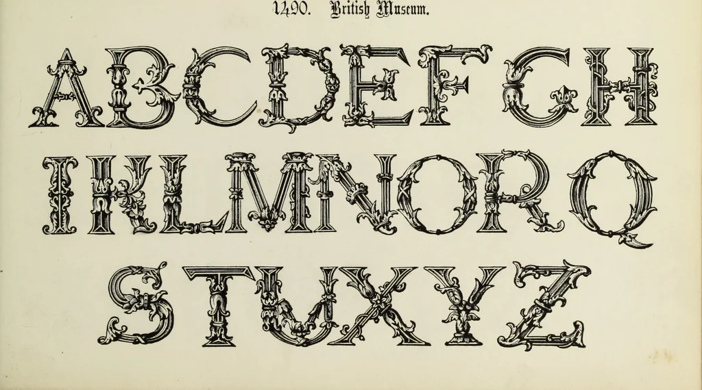 An illustration from The book of ornamental alphabets, ancient and mediaeval, from the eighth century, with numerals; including Gothic; church text, large and small; German arabesque; initials for illumination, monograms, crosses, etc., for the use of architectural and engineering draughtsmen, masons, decorative painters, lithographers, engravers, carvers, etc. etc., 1863, leaf 58