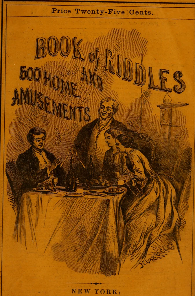 An illustration from Book of riddles and five hundred home amusements : containing a choice and curious collection of riddles, charades, enigmas, rebuses, anagrams, transpositions, conundrums, amusing puzzles, queer sleights, recreations in arithmetic, fireside games, and natural magic, embracing entertaining amusements in magnetism, chemistry, second sight, and simple recreations in science for family and social pastime, 1863, leaf 136
