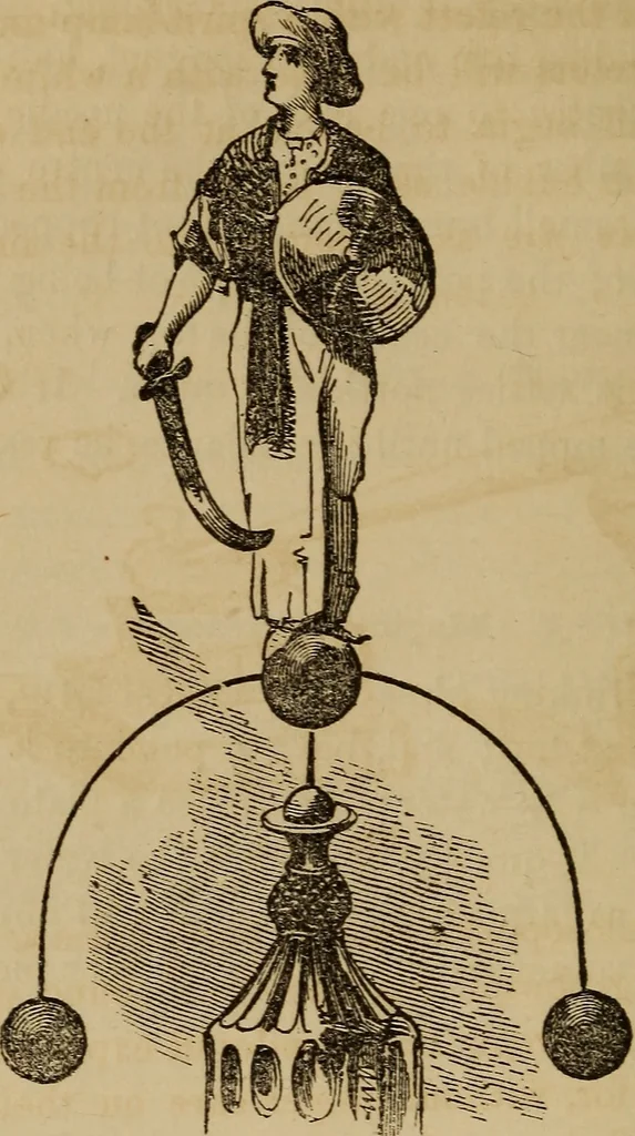 An illustration from Book of riddles and five hundred home amusements : containing a choice and curious collection of riddles, charades, enigmas, rebuses, anagrams, transpositions, conundrums, amusing puzzles, queer sleights, recreations in arithmetic, fireside games, and natural magic, embracing entertaining amusements in magnetism, chemistry, second sight, and simple recreations in science for family and social pastime, 1863, leaf 79