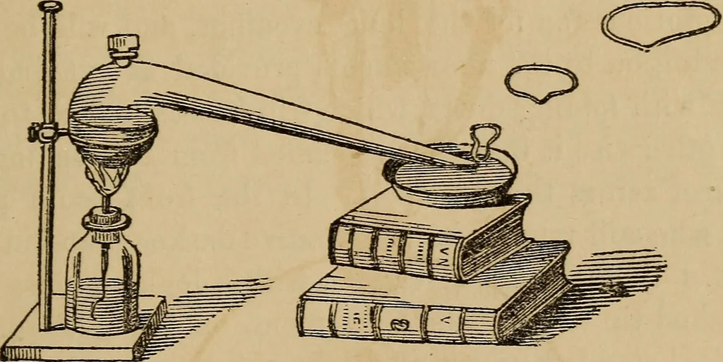 An illustration from Book of riddles and five hundred home amusements : containing a choice and curious collection of riddles, charades, enigmas, rebuses, anagrams, transpositions, conundrums, amusing puzzles, queer sleights, recreations in arithmetic, fireside games, and natural magic, embracing entertaining amusements in magnetism, chemistry, second sight, and simple recreations in science for family and social pastime, 1863, leaf 80
