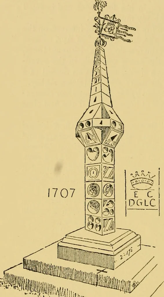 An illustration from The book of sun-dials; originally compiled by the late Mrs. Alfred Gatty; now enl. and re-edited by H. K. F. Eden and Eleanor Lloyd, 1900, leaf 183