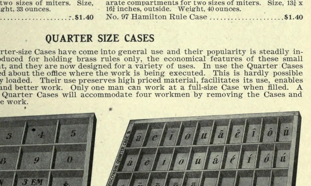 An illustration from Book of type specimens. Comprising a large variety of superior copper-mixed types, rules, borders, galleys, printing presses, electric-welded chases, paper and card cutters, wood goods, book binding machinery etc., together with valuable information to the craft. Specimen book no.9, 1907, leaf 941
