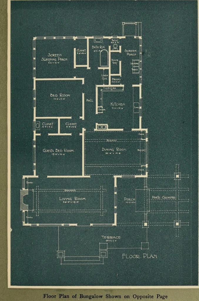 An illustration from book on California bungalows for the prospective home builder, architect or contractor : illustrated with actual photographs, showing floor plans and giving approximate costs, A, 1915, leaf 6