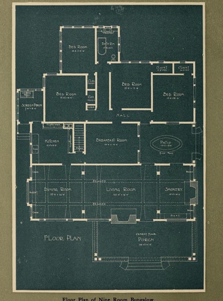 An illustration from book on California bungalows for the prospective home builder, architect or contractor : illustrated with actual photographs, showing floor plans and giving approximate costs, A, 1915, leaf 9
