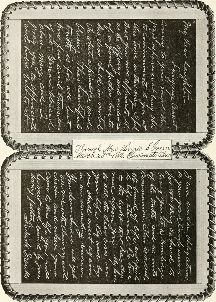 An illustration from A book written by the spirits of the so-called dead, with their own materialized hands by the process of independent slate-writing through Mrs. Lizzie S. Green and others as mediums, 1883, leaf 63