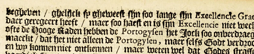 An illustration from Brasyls schuyt-praetjen, ghedouden tusschen een officier, een domine, en een coopman, noopende den staet van Brasyl : mede hoe de officieren en soldaten tegenwoordich aldaer ghetracteert werden, en hoe men placht te leven ten tyde doen de Portogysen noch onder het onverdraeghlijck iock der Hollanderen saten., 1649, leaf 22