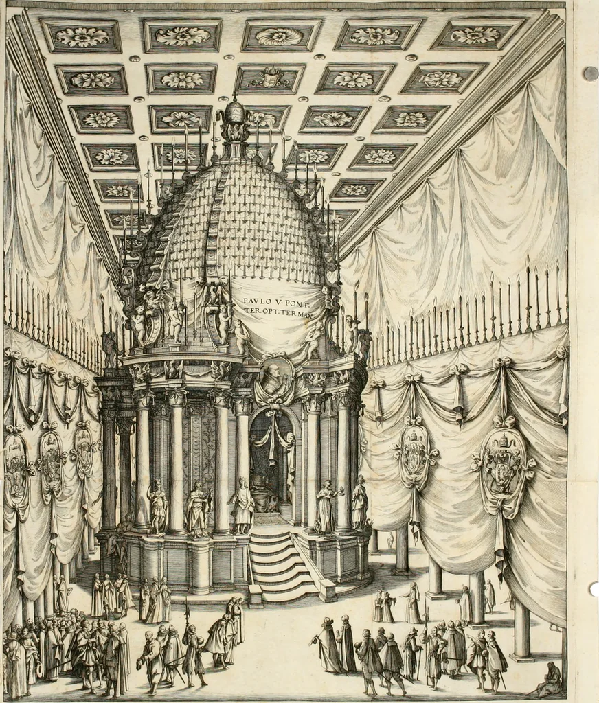 An illustration from Breue racconto della trasportatione del corpo di Papa Paolo V. dalla basilica di S. Pietro à quella di S. Maria Maggiore : con l'oratione recitata nelle sue esequie, & alcuni versi posti nell'apparato, 1623, leaf 37