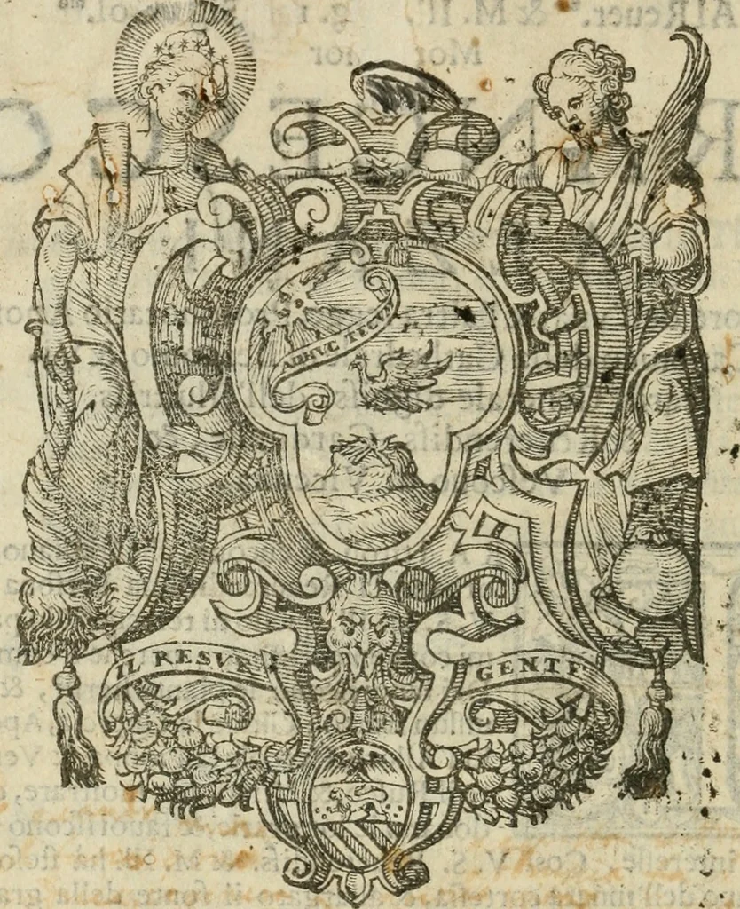 An illustration from Breve descrittione del monasterio di S. Ambrogio Maggiore di Milano, et sua chiesa de cisterciensi monaci : l'origine della congregatione cisterciense di Lombardia : con la descrittione del monasterio di Chiaraualle di Milano : et la vita del cardinale Ascanio Maria Sforza, commendatore dell' vno & l'altro monasterio & chiese, 1626, leaf 9