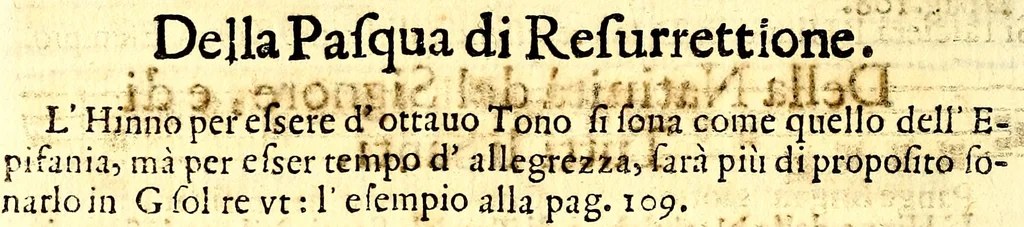 An illustration from Breve instrvttione alli giovani per imparare con ogni facilità il canto fermo, divisa in dve parti. Nella prima s'assegano le regole svccinte d'esso canto, col vero modo di pratticarle. Il canto francescano, con vna regola al chorista per ben regger' il choro, ed vn' altra all' organista per lasciar in tono con l'organo i canti, ch' occorrono in tutto l'anno. Nella seconda si pone tvtt'il canto della Settimana santa con quello per la processione della purificatione della B.V. e quattro credi nel fine, 1665, leaf 137