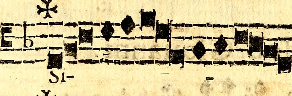 An illustration from Breve instrvttione alli giovani per imparare con ogni facilità il canto fermo, divisa in dve parti. Nella prima s'assegano le regole svccinte d'esso canto, col vero modo di pratticarle. Il canto francescano, con vna regola al chorista per ben regger' il choro, ed vn' altra all' organista per lasciar in tono con l'organo i canti, ch' occorrono in tutto l'anno. Nella seconda si pone tvtt'il canto della Settimana santa con quello per la processione della purificatione della B.V. e quattro credi nel fine, 1665, leaf 185