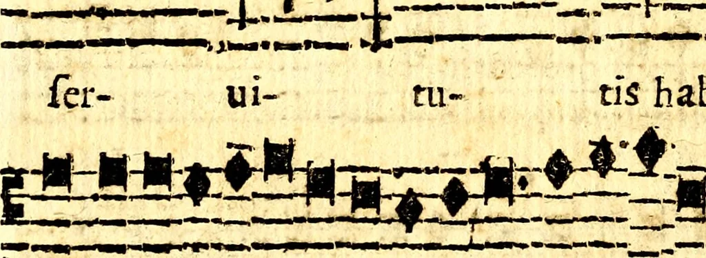 An illustration from Breve instrvttione alli giovani per imparare con ogni facilità il canto fermo, divisa in dve parti. Nella prima s'assegano le regole svccinte d'esso canto, col vero modo di pratticarle. Il canto francescano, con vna regola al chorista per ben regger' il choro, ed vn' altra all' organista per lasciar in tono con l'organo i canti, ch' occorrono in tutto l'anno. Nella seconda si pone tvtt'il canto della Settimana santa con quello per la processione della purificatione della B.V. e quattro credi nel fine, 1665, leaf 189