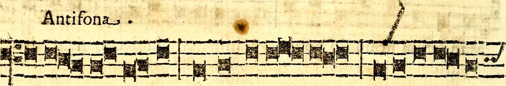 An illustration from Breve instrvttione alli giovani per imparare con ogni facilità il canto fermo, divisa in dve parti. Nella prima s'assegano le regole svccinte d'esso canto, col vero modo di pratticarle. Il canto francescano, con vna regola al chorista per ben regger' il choro, ed vn' altra all' organista per lasciar in tono con l'organo i canti, ch' occorrono in tutto l'anno. Nella seconda si pone tvtt'il canto della Settimana santa con quello per la processione della purificatione della B.V. e quattro credi nel fine, 1665, leaf 197