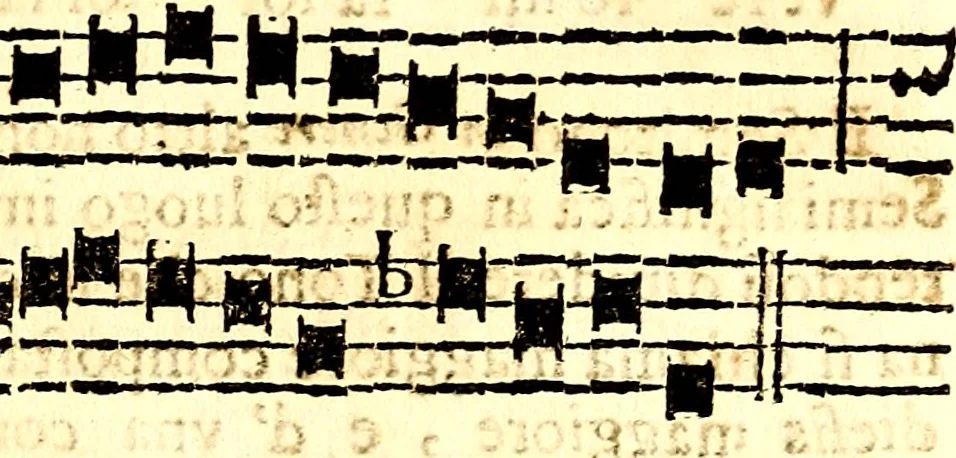 An illustration from Breve instrvttione alli giovani per imparare con ogni facilità il canto fermo, divisa in dve parti. Nella prima s'assegano le regole svccinte d'esso canto, col vero modo di pratticarle. Il canto francescano, con vna regola al chorista per ben regger' il choro, ed vn' altra all' organista per lasciar in tono con l'organo i canti, ch' occorrono in tutto l'anno. Nella seconda si pone tvtt'il canto della Settimana santa con quello per la processione della purificatione della B.V. e quattro credi nel fine, 1665, leaf 20