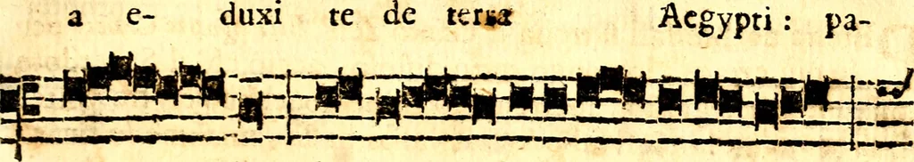 An illustration from Breve instrvttione alli giovani per imparare con ogni facilità il canto fermo, divisa in dve parti. Nella prima s'assegano le regole svccinte d'esso canto, col vero modo di pratticarle. Il canto francescano, con vna regola al chorista per ben regger' il choro, ed vn' altra all' organista per lasciar in tono con l'organo i canti, ch' occorrono in tutto l'anno. Nella seconda si pone tvtt'il canto della Settimana santa con quello per la processione della purificatione della B.V. e quattro credi nel fine, 1665, leaf 208