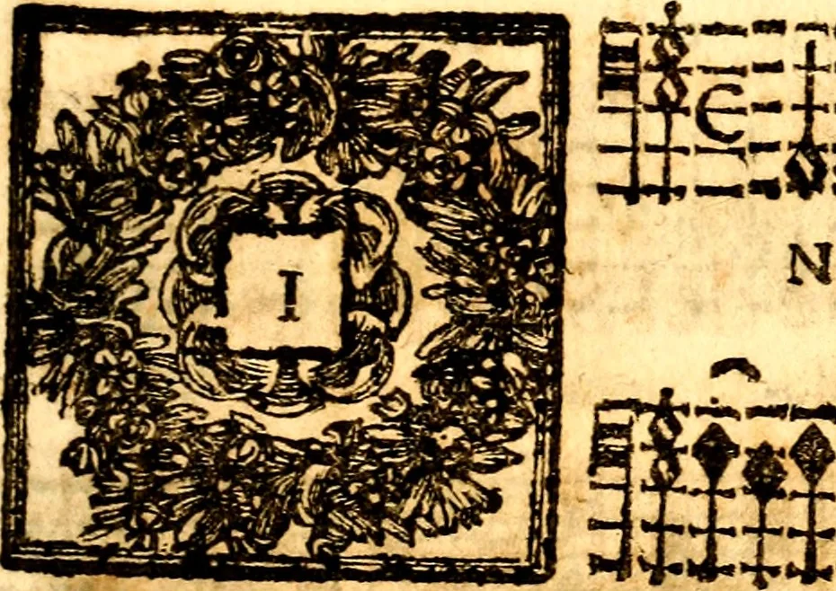 An illustration from Breve instrvttione alli giovani per imparare con ogni facilità il canto fermo, divisa in dve parti. Nella prima s'assegano le regole svccinte d'esso canto, col vero modo di pratticarle. Il canto francescano, con vna regola al chorista per ben regger' il choro, ed vn' altra all' organista per lasciar in tono con l'organo i canti, ch' occorrono in tutto l'anno. Nella seconda si pone tvtt'il canto della Settimana santa con quello per la processione della purificatione della B.V. e quattro credi nel fine, 1665, leaf 212