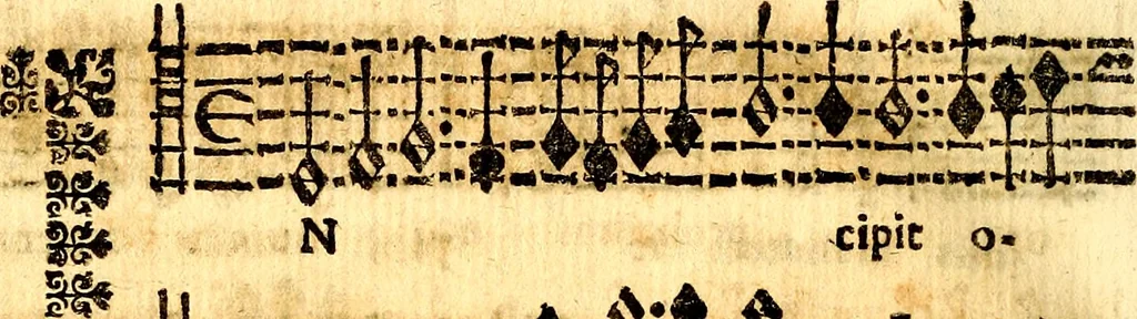 An illustration from Breve instrvttione alli giovani per imparare con ogni facilità il canto fermo, divisa in dve parti. Nella prima s'assegano le regole svccinte d'esso canto, col vero modo di pratticarle. Il canto francescano, con vna regola al chorista per ben regger' il choro, ed vn' altra all' organista per lasciar in tono con l'organo i canti, ch' occorrono in tutto l'anno. Nella seconda si pone tvtt'il canto della Settimana santa con quello per la processione della purificatione della B.V. e quattro credi nel fine, 1665, leaf 217