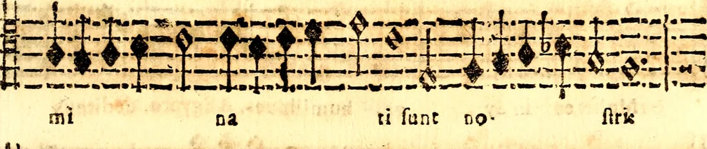An illustration from Breve instrvttione alli giovani per imparare con ogni facilità il canto fermo, divisa in dve parti. Nella prima s'assegano le regole svccinte d'esso canto, col vero modo di pratticarle. Il canto francescano, con vna regola al chorista per ben regger' il choro, ed vn' altra all' organista per lasciar in tono con l'organo i canti, ch' occorrono in tutto l'anno. Nella seconda si pone tvtt'il canto della Settimana santa con quello per la processione della purificatione della B.V. e quattro credi nel fine, 1665, leaf 220
