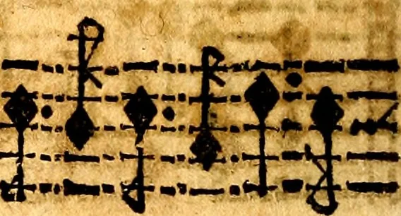 An illustration from Breve instrvttione alli giovani per imparare con ogni facilità il canto fermo, divisa in dve parti. Nella prima s'assegano le regole svccinte d'esso canto, col vero modo di pratticarle. Il canto francescano, con vna regola al chorista per ben regger' il choro, ed vn' altra all' organista per lasciar in tono con l'organo i canti, ch' occorrono in tutto l'anno. Nella seconda si pone tvtt'il canto della Settimana santa con quello per la processione della purificatione della B.V. e quattro credi nel fine, 1665, leaf 239