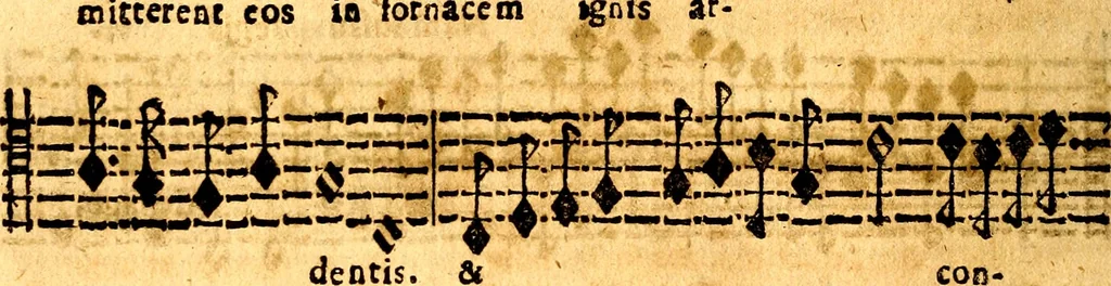 An illustration from Breve instrvttione alli giovani per imparare con ogni facilità il canto fermo, divisa in dve parti. Nella prima s'assegano le regole svccinte d'esso canto, col vero modo di pratticarle. Il canto francescano, con vna regola al chorista per ben regger' il choro, ed vn' altra all' organista per lasciar in tono con l'organo i canti, ch' occorrono in tutto l'anno. Nella seconda si pone tvtt'il canto della Settimana santa con quello per la processione della purificatione della B.V. e quattro credi nel fine, 1665, leaf 239