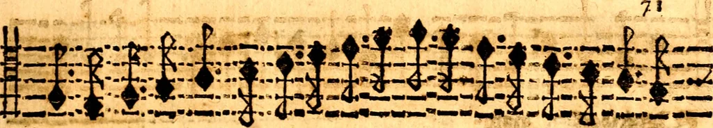 An illustration from Breve instrvttione alli giovani per imparare con ogni facilità il canto fermo, divisa in dve parti. Nella prima s'assegano le regole svccinte d'esso canto, col vero modo di pratticarle. Il canto francescano, con vna regola al chorista per ben regger' il choro, ed vn' altra all' organista per lasciar in tono con l'organo i canti, ch' occorrono in tutto l'anno. Nella seconda si pone tvtt'il canto della Settimana santa con quello per la processione della purificatione della B.V. e quattro credi nel fine, 1665, leaf 242