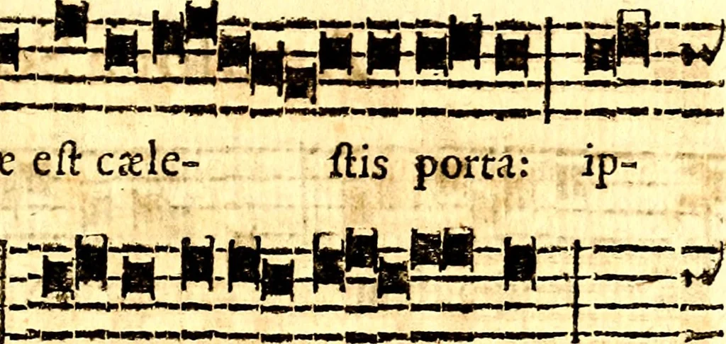 An illustration from Breve instrvttione alli giovani per imparare con ogni facilità il canto fermo, divisa in dve parti. Nella prima s'assegano le regole svccinte d'esso canto, col vero modo di pratticarle. Il canto francescano, con vna regola al chorista per ben regger' il choro, ed vn' altra all' organista per lasciar in tono con l'organo i canti, ch' occorrono in tutto l'anno. Nella seconda si pone tvtt'il canto della Settimana santa con quello per la processione della purificatione della B.V. e quattro credi nel fine, 1665, leaf 256