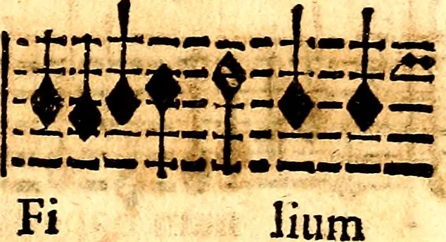 An illustration from Breve instrvttione alli giovani per imparare con ogni facilità il canto fermo, divisa in dve parti. Nella prima s'assegano le regole svccinte d'esso canto, col vero modo di pratticarle. Il canto francescano, con vna regola al chorista per ben regger' il choro, ed vn' altra all' organista per lasciar in tono con l'organo i canti, ch' occorrono in tutto l'anno. Nella seconda si pone tvtt'il canto della Settimana santa con quello per la processione della purificatione della B.V. e quattro credi nel fine, 1665, leaf 264