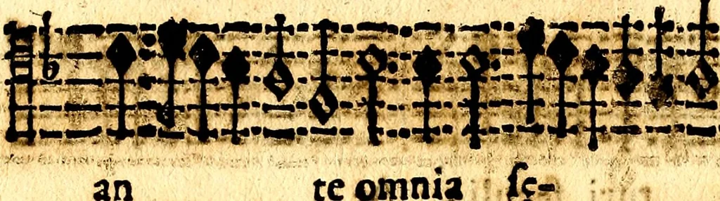 An illustration from Breve instrvttione alli giovani per imparare con ogni facilità il canto fermo, divisa in dve parti. Nella prima s'assegano le regole svccinte d'esso canto, col vero modo di pratticarle. Il canto francescano, con vna regola al chorista per ben regger' il choro, ed vn' altra all' organista per lasciar in tono con l'organo i canti, ch' occorrono in tutto l'anno. Nella seconda si pone tvtt'il canto della Settimana santa con quello per la processione della purificatione della B.V. e quattro credi nel fine, 1665, leaf 269