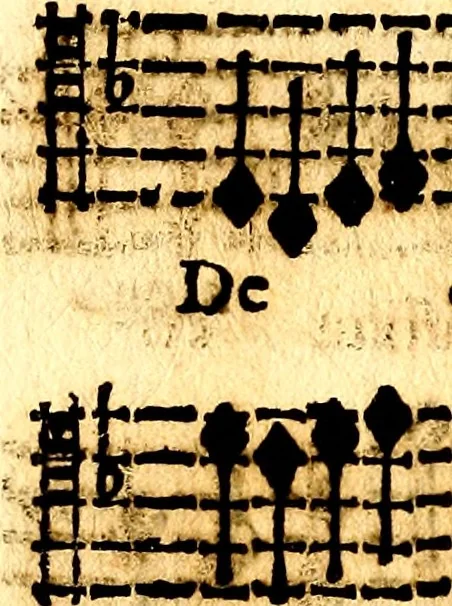 An illustration from Breve instrvttione alli giovani per imparare con ogni facilità il canto fermo, divisa in dve parti. Nella prima s'assegano le regole svccinte d'esso canto, col vero modo di pratticarle. Il canto francescano, con vna regola al chorista per ben regger' il choro, ed vn' altra all' organista per lasciar in tono con l'organo i canti, ch' occorrono in tutto l'anno. Nella seconda si pone tvtt'il canto della Settimana santa con quello per la processione della purificatione della B.V. e quattro credi nel fine, 1665, leaf 269