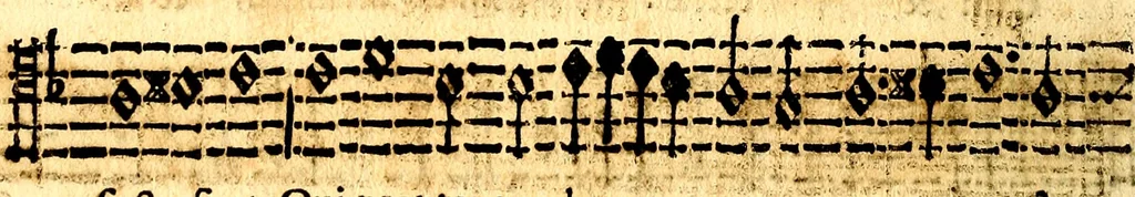 An illustration from Breve instrvttione alli giovani per imparare con ogni facilità il canto fermo, divisa in dve parti. Nella prima s'assegano le regole svccinte d'esso canto, col vero modo di pratticarle. Il canto francescano, con vna regola al chorista per ben regger' il choro, ed vn' altra all' organista per lasciar in tono con l'organo i canti, ch' occorrono in tutto l'anno. Nella seconda si pone tvtt'il canto della Settimana santa con quello per la processione della purificatione della B.V. e quattro credi nel fine, 1665, leaf 269
