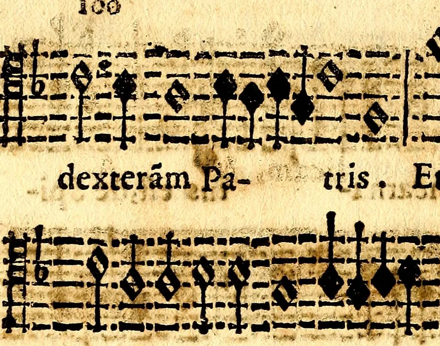 An illustration from Breve instrvttione alli giovani per imparare con ogni facilità il canto fermo, divisa in dve parti. Nella prima s'assegano le regole svccinte d'esso canto, col vero modo di pratticarle. Il canto francescano, con vna regola al chorista per ben regger' il choro, ed vn' altra all' organista per lasciar in tono con l'organo i canti, ch' occorrono in tutto l'anno. Nella seconda si pone tvtt'il canto della Settimana santa con quello per la processione della purificatione della B.V. e quattro credi nel fine, 1665, leaf 271