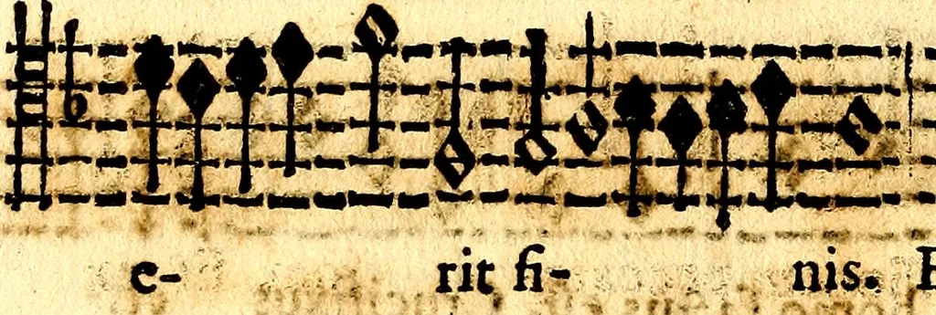 An illustration from Breve instrvttione alli giovani per imparare con ogni facilità il canto fermo, divisa in dve parti. Nella prima s'assegano le regole svccinte d'esso canto, col vero modo di pratticarle. Il canto francescano, con vna regola al chorista per ben regger' il choro, ed vn' altra all' organista per lasciar in tono con l'organo i canti, ch' occorrono in tutto l'anno. Nella seconda si pone tvtt'il canto della Settimana santa con quello per la processione della purificatione della B.V. e quattro credi nel fine, 1665, leaf 271