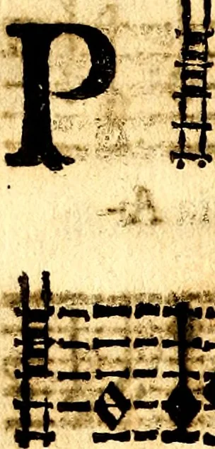 An illustration from Breve instrvttione alli giovani per imparare con ogni facilità il canto fermo, divisa in dve parti. Nella prima s'assegano le regole svccinte d'esso canto, col vero modo di pratticarle. Il canto francescano, con vna regola al chorista per ben regger' il choro, ed vn' altra all' organista per lasciar in tono con l'organo i canti, ch' occorrono in tutto l'anno. Nella seconda si pone tvtt'il canto della Settimana santa con quello per la processione della purificatione della B.V. e quattro credi nel fine, 1665, leaf 273