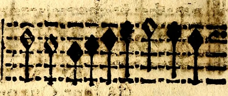An illustration from Breve instrvttione alli giovani per imparare con ogni facilità il canto fermo, divisa in dve parti. Nella prima s'assegano le regole svccinte d'esso canto, col vero modo di pratticarle. Il canto francescano, con vna regola al chorista per ben regger' il choro, ed vn' altra all' organista per lasciar in tono con l'organo i canti, ch' occorrono in tutto l'anno. Nella seconda si pone tvtt'il canto della Settimana santa con quello per la processione della purificatione della B.V. e quattro credi nel fine, 1665, leaf 273