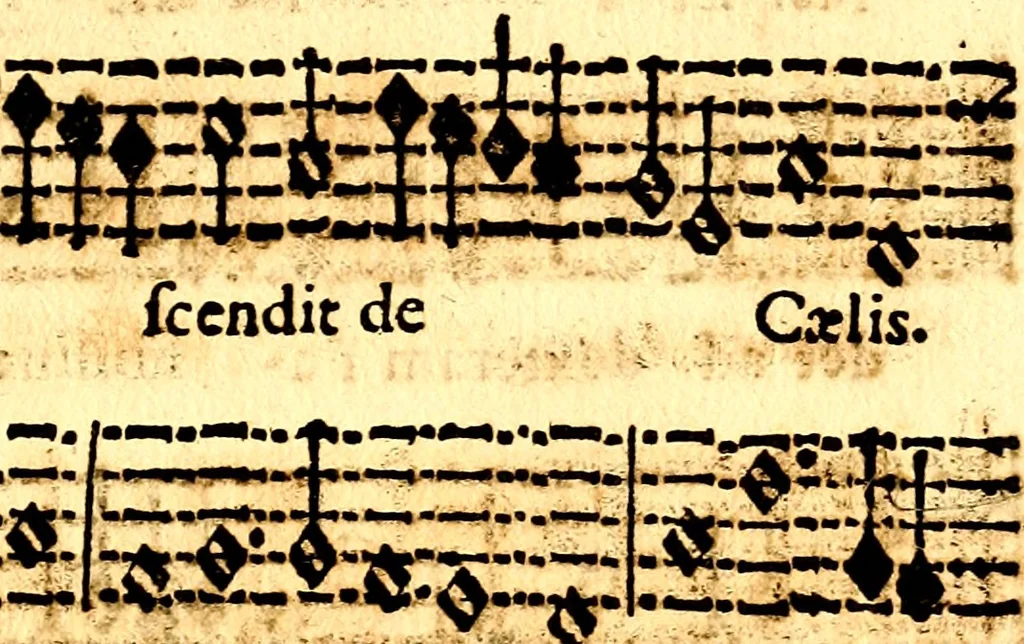 An illustration from Breve instrvttione alli giovani per imparare con ogni facilità il canto fermo, divisa in dve parti. Nella prima s'assegano le regole svccinte d'esso canto, col vero modo di pratticarle. Il canto francescano, con vna regola al chorista per ben regger' il choro, ed vn' altra all' organista per lasciar in tono con l'organo i canti, ch' occorrono in tutto l'anno. Nella seconda si pone tvtt'il canto della Settimana santa con quello per la processione della purificatione della B.V. e quattro credi nel fine, 1665, leaf 274