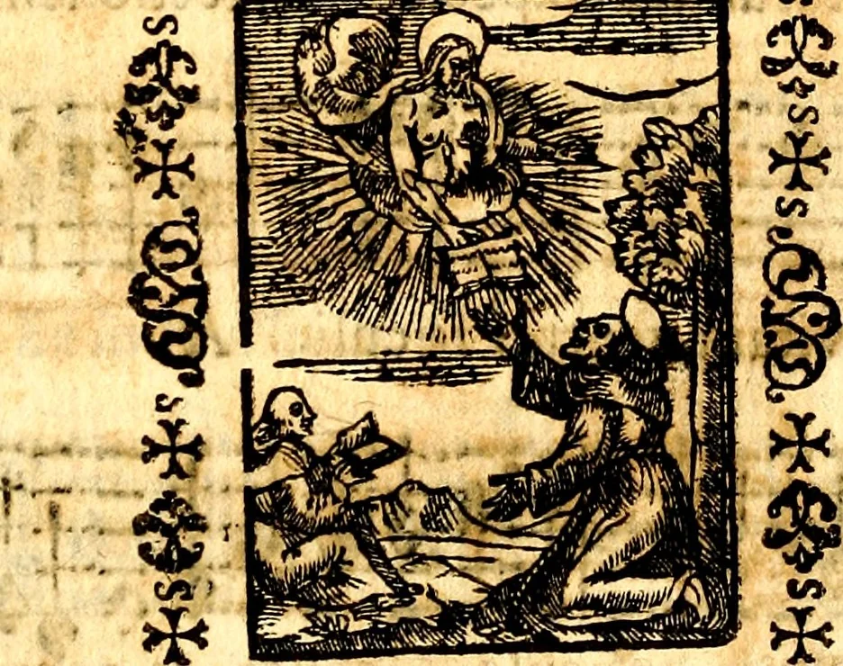 An illustration from Breve instrvttione alli giovani per imparare con ogni facilità il canto fermo, divisa in dve parti. Nella prima s'assegano le regole svccinte d'esso canto, col vero modo di pratticarle. Il canto francescano, con vna regola al chorista per ben regger' il choro, ed vn' altra all' organista per lasciar in tono con l'organo i canti, ch' occorrono in tutto l'anno. Nella seconda si pone tvtt'il canto della Settimana santa con quello per la processione della purificatione della B.V. e quattro credi nel fine, 1665, leaf 277