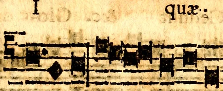 An illustration from Breve instrvttione alli giovani per imparare con ogni facilità il canto fermo, divisa in dve parti. Nella prima s'assegano le regole svccinte d'esso canto, col vero modo di pratticarle. Il canto francescano, con vna regola al chorista per ben regger' il choro, ed vn' altra all' organista per lasciar in tono con l'organo i canti, ch' occorrono in tutto l'anno. Nella seconda si pone tvtt'il canto della Settimana santa con quello per la processione della purificatione della B.V. e quattro credi nel fine, 1665, leaf 278