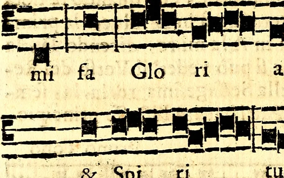 An illustration from Breve instrvttione alli giovani per imparare con ogni facilità il canto fermo, divisa in dve parti. Nella prima s'assegano le regole svccinte d'esso canto, col vero modo di pratticarle. Il canto francescano, con vna regola al chorista per ben regger' il choro, ed vn' altra all' organista per lasciar in tono con l'organo i canti, ch' occorrono in tutto l'anno. Nella seconda si pone tvtt'il canto della Settimana santa con quello per la processione della purificatione della B.V. e quattro credi nel fine, 1665, leaf 53