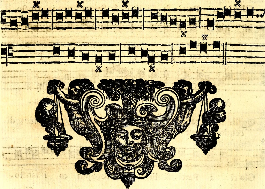 An illustration from Breve instrvttione alli giovani per imparare con ogni facilità il canto fermo, divisa in dve parti. Nella prima s'assegano le regole svccinte d'esso canto, col vero modo di pratticarle. Il canto francescano, con vna regola al chorista per ben regger' il choro, ed vn' altra all' organista per lasciar in tono con l'organo i canti, ch' occorrono in tutto l'anno. Nella seconda si pone tvtt'il canto della Settimana santa con quello per la processione della purificatione della B.V. e quattro credi nel fine, 1665, leaf 59