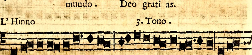 An illustration from Breve instrvttione alli giovani per imparare con ogni facilità il canto fermo, divisa in dve parti. Nella prima s'assegano le regole svccinte d'esso canto, col vero modo di pratticarle. Il canto francescano, con vna regola al chorista per ben regger' il choro, ed vn' altra all' organista per lasciar in tono con l'organo i canti, ch' occorrono in tutto l'anno. Nella seconda si pone tvtt'il canto della Settimana santa con quello per la processione della purificatione della B.V. e quattro credi nel fine, 1665, leaf 72