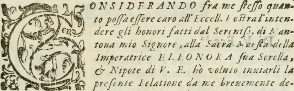 An illustration from Breve relatione dello sposalitio fatto della serenissima principessa Eleonora Gonzaga con la Sacra Cesarea Maestà di Ferdinando II. imperatore : et appresso, delle feste & superbi apparati fatti nelle sue imperiali nozze, così in Mantoua, come anco per il viaggio fino alla città d'Ispruch, 1622, leaf 4