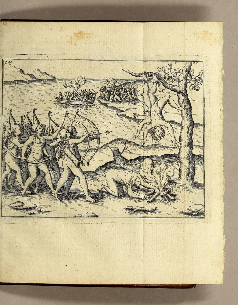 An illustration from Brevis & admiranda descriptio regni Guianae, avri abundantissimi, in America, seu novo orbe, sub linea aequinoctilia siti: quod nuper admodum, annis nimirum 1564 [sic]. 1595 & 1596. Per generosium dominum Dn. Gualtherum Raleghe quitem Anglum detectum est: : paulò post jussu ejus duobus libellis comprehensa: ex quibus Iodocus Hondius tabulam geographicam adornavit, addita explicatione Belgico sermone scripta: nunc verò in Latinum sermonem translata, & ex variis authoribus hinc inde declarata, 1599, leaf 27
