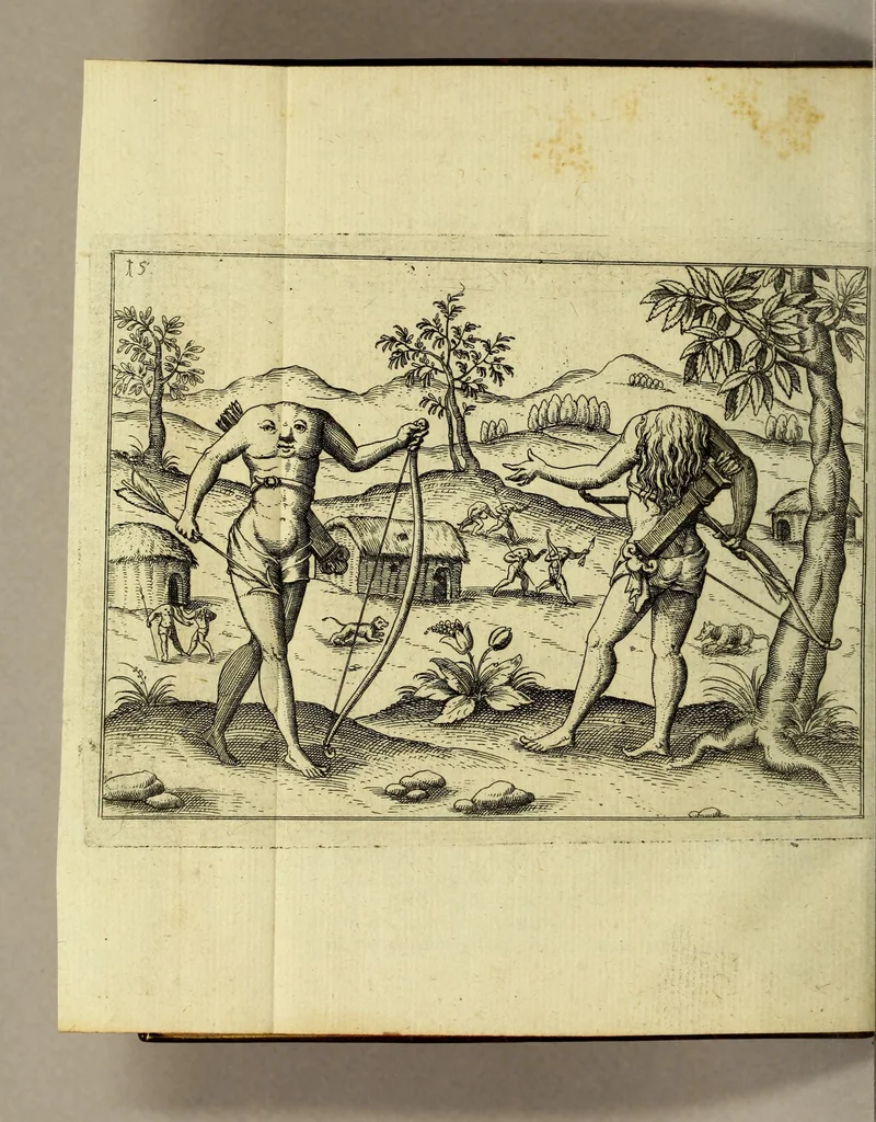An illustration from Brevis & admiranda descriptio regni Guianae, avri abundantissimi, in America, seu novo orbe, sub linea aequinoctilia siti: quod nuper admodum, annis nimirum 1564 [sic]. 1595 & 1596. Per generosium dominum Dn. Gualtherum Raleghe quitem Anglum detectum est: : paulò post jussu ejus duobus libellis comprehensa: ex quibus Iodocus Hondius tabulam geographicam adornavit, addita explicatione Belgico sermone scripta: nunc verò in Latinum sermonem translata, & ex variis authoribus hinc inde declarata, 1599, leaf 32
