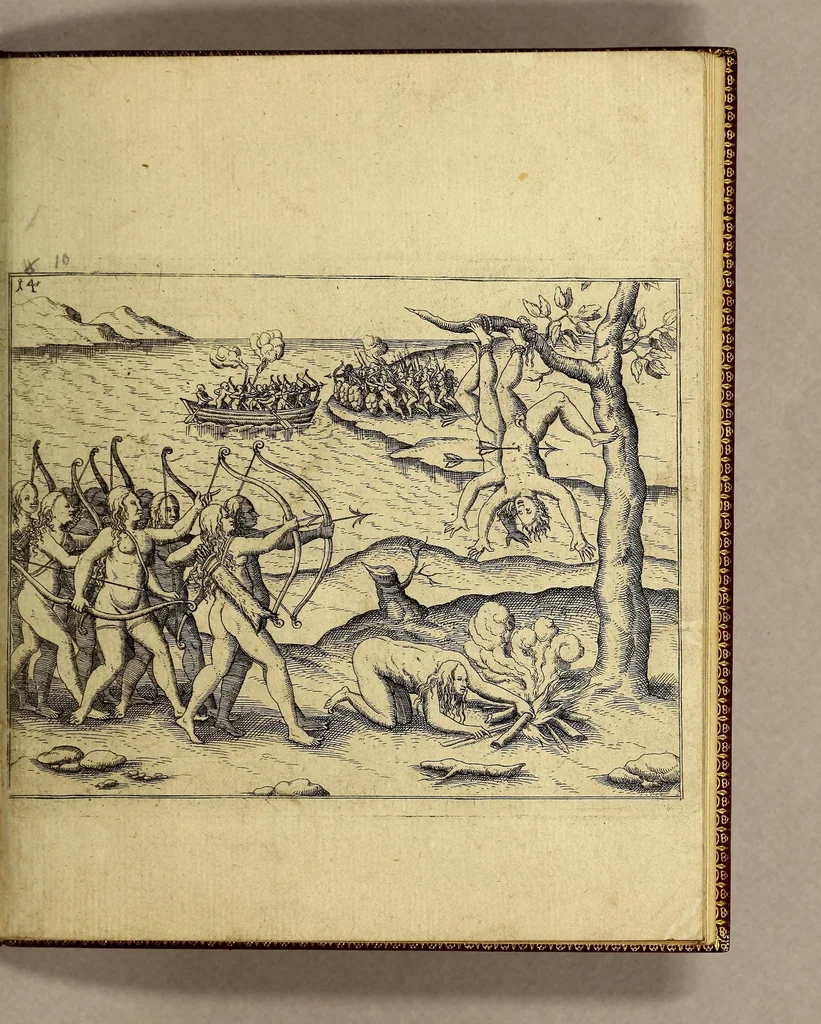 An illustration from Brevis & admiranda descriptio regni Guianae, avri abundantissimi, in America, seu novo orbe, sub linea aequinoctilia siti: quod nuper admodum, annis nimirum 1564 [sic]. 1595 & 1596. Per generosium dominum Dn. Gualtherum Raleghe quitem Anglum detectum est: : paulò post jussu ejus duobus libellis comprehensa: ex quibus Iodocus Hondius tabulam geographicam adornavit, addita explicatione Belgico sermone scripta: nunc verò in Latinum sermonem translata, & ex variis authoribus hinc inde declarata, 1599, leaf 37